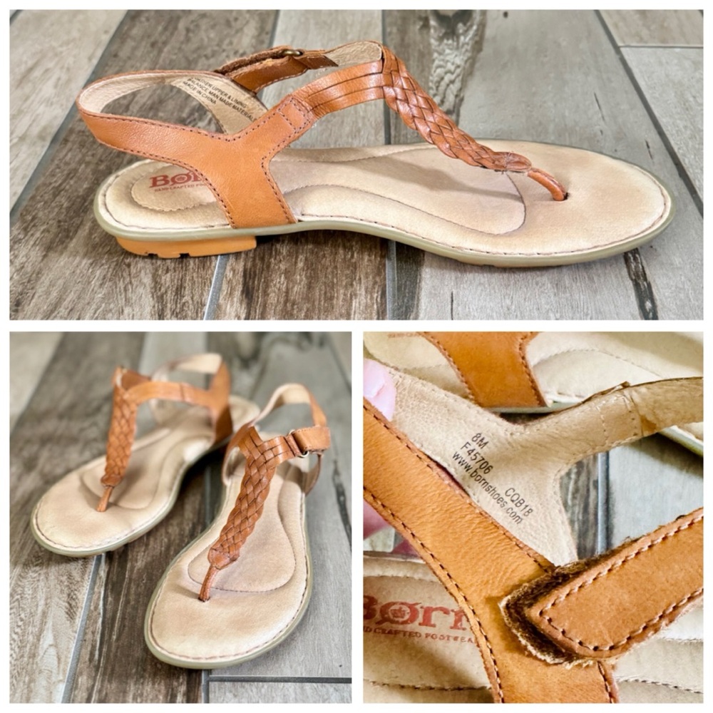 BORN Yarrow Braided Leather Ankle T-Strap Flat Sandals, Cognac Tan sz. 8M - Picture 13 of 16